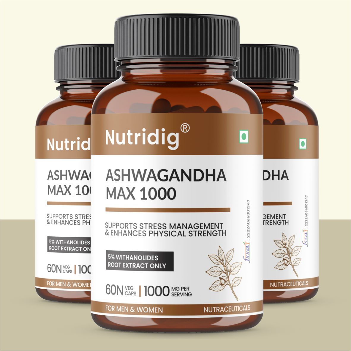 Nutridig® Ashwagandha Max 1000 mg – High Potency 60 Capsules | Stress Relief, Vigor & Immunity Supplement