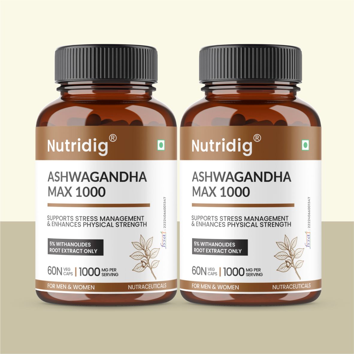 Nutridig® Ashwagandha Max 1000 mg – High Potency 60 Capsules | Stress Relief, Vigor & Immunity Supplement