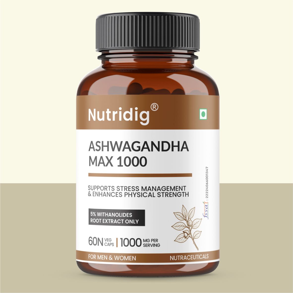 Nutridig® Ashwagandha Max 1000 mg – High Potency 60 Capsules | Stress Relief, Vigor & Immunity Supplement