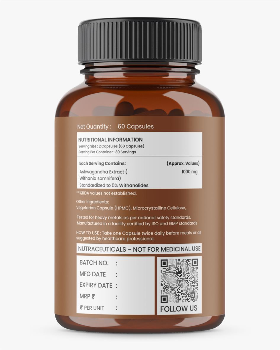 Nutridig® Ashwagandha Max 1000 mg – High Potency 60 Capsules | Stress Relief, Vigor & Immunity Supplement