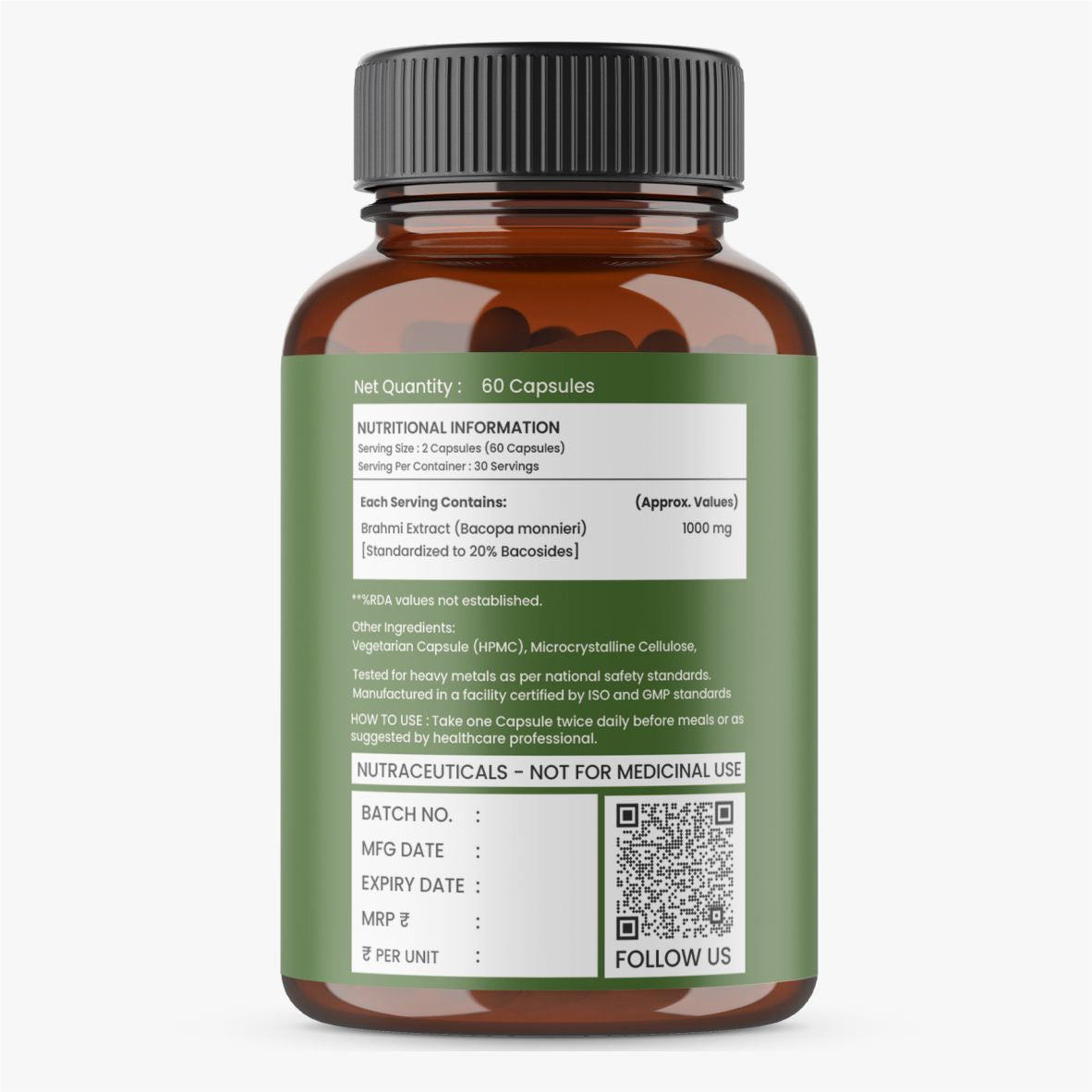 Brahmi Focus 20 – High Potency Supplement for Focus, Memory & Cognitive Support | 60 Capsules