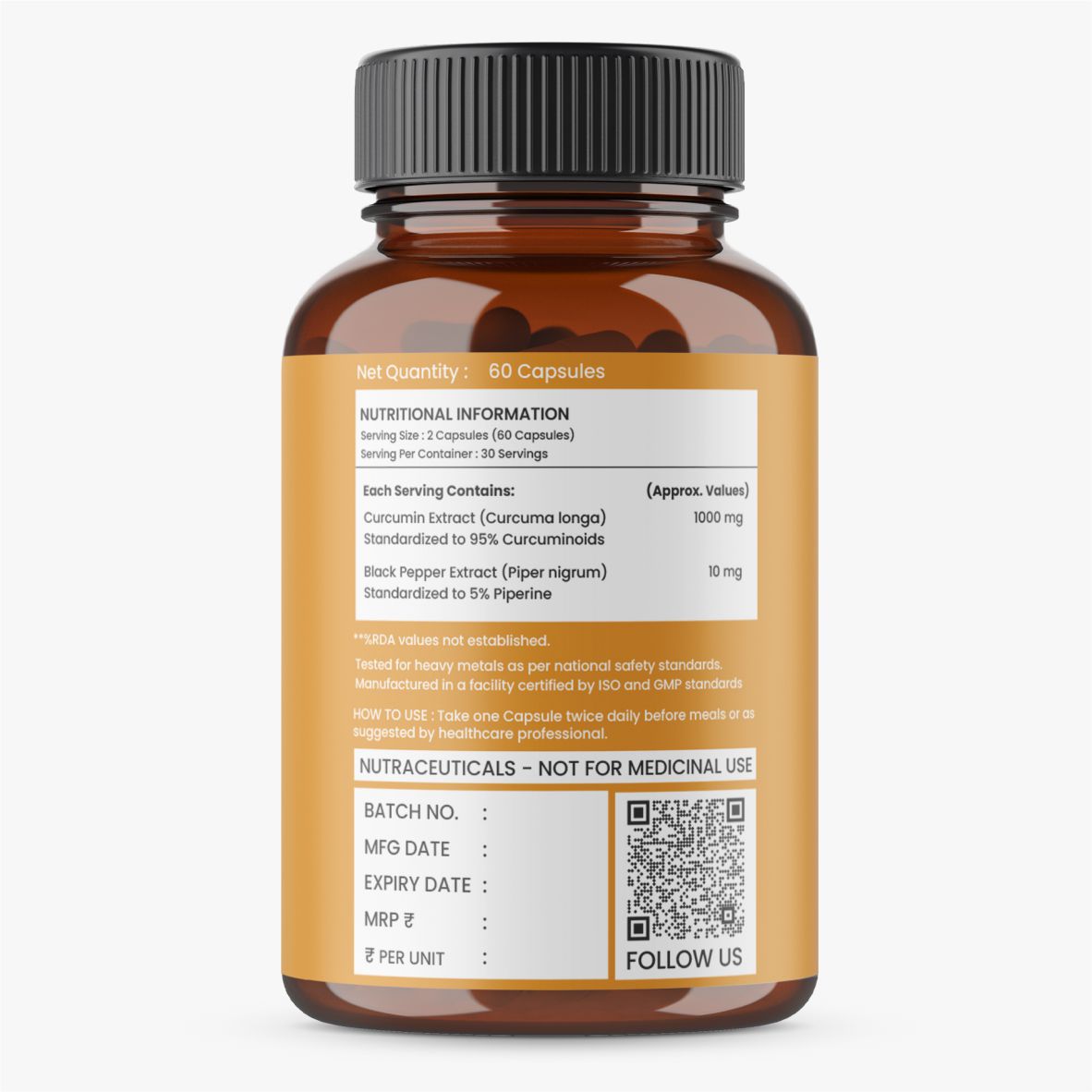 Turmeric Extract Capsules - High Potency | Curcumin 95% with Piperine – For Joint Health – 60 Veg Capsules