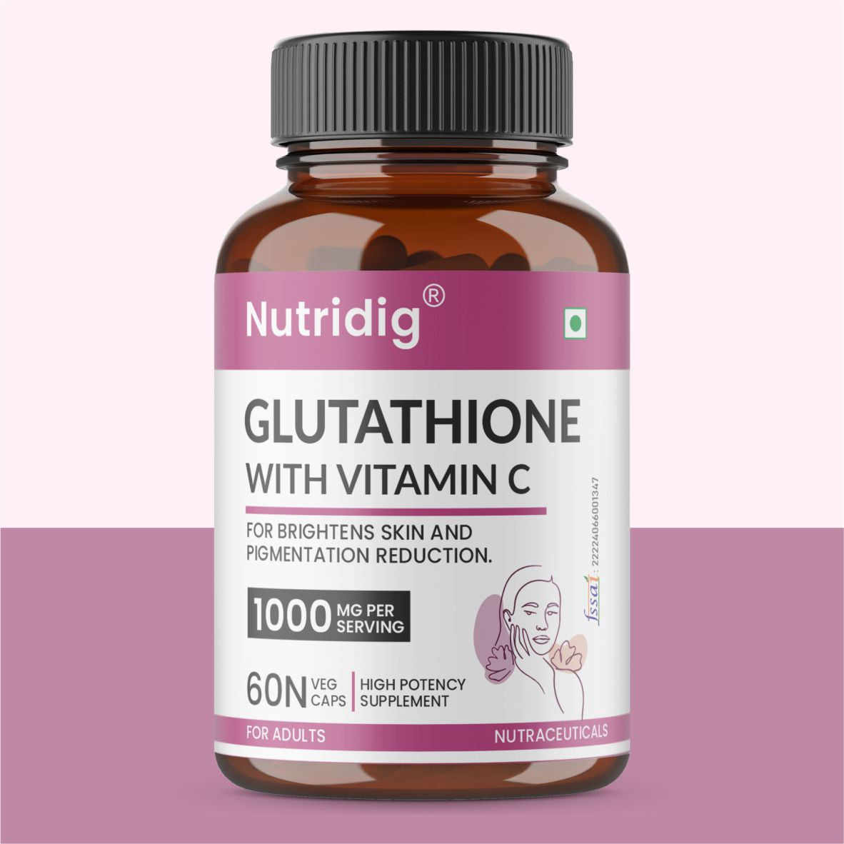 Nutridig® L-Glutathione Skin Brightening Capsules with Vitamin C, Zinc, Biotin | 60 Capsules