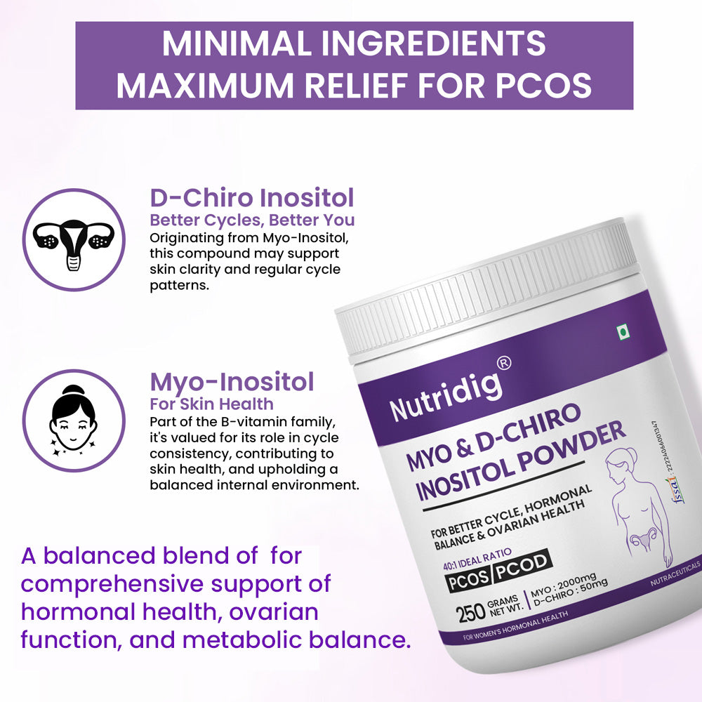 Nutridig® Myo-Inositol & D-Chiro Inositol Powder – 40:1 Ratio | PCOS, Hormonal Balance & Welless - 250gm