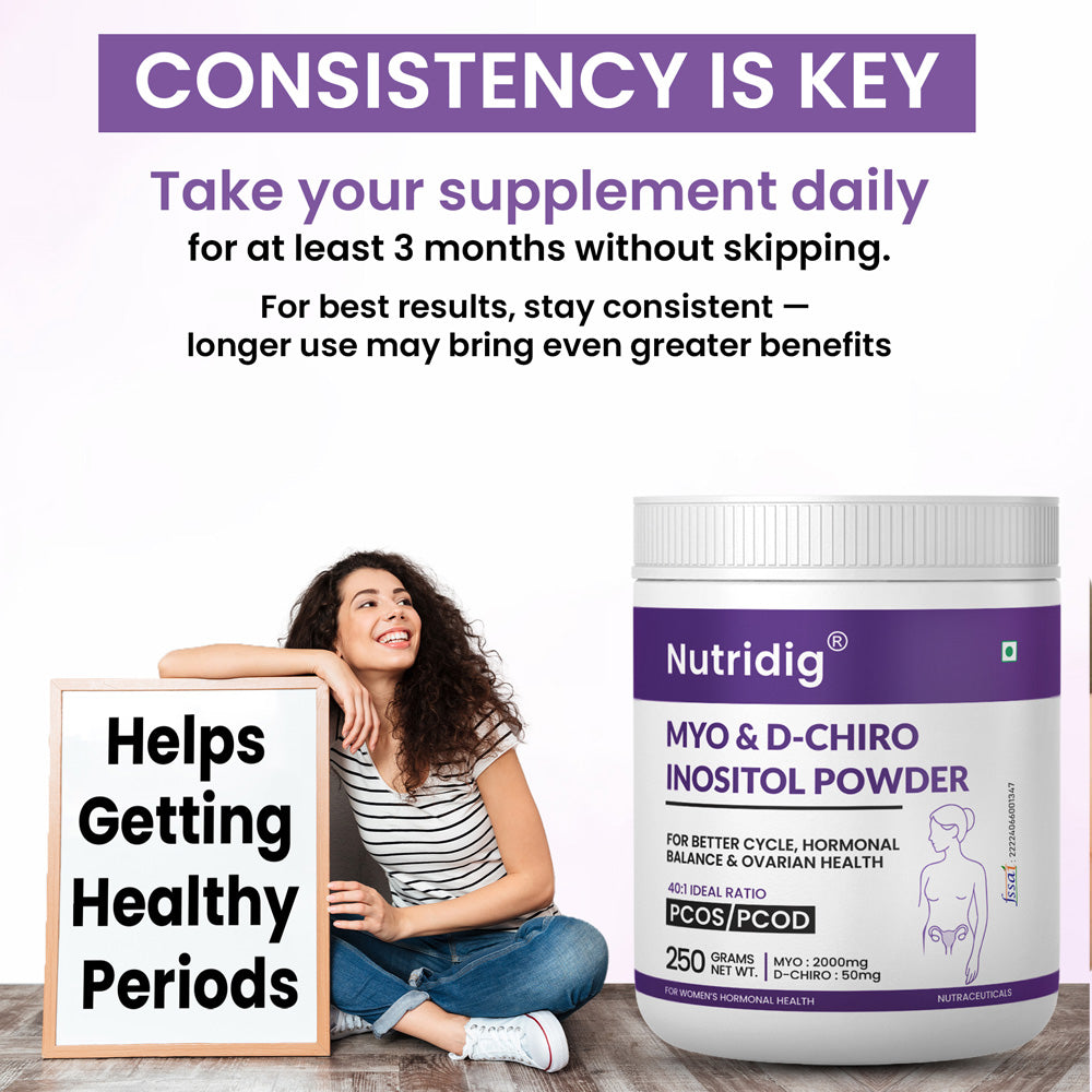 Nutridig® Myo-Inositol & D-Chiro Inositol Powder – 40:1 Ratio | PCOS, Hormonal Balance & Welless - 250gm