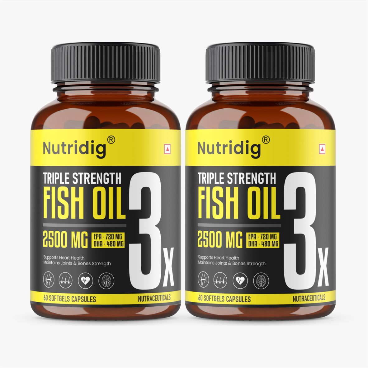 Triple Strength Omega-3 Fish Oil Softgels – 2500mg Serving | High Potency - 60 Softgels