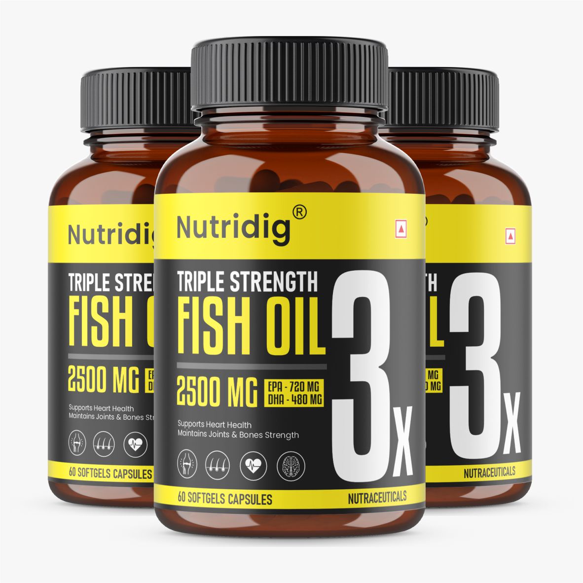 Triple Strength Omega-3 Fish Oil Softgels – 2500mg Serving | High Potency - 60 Softgels
