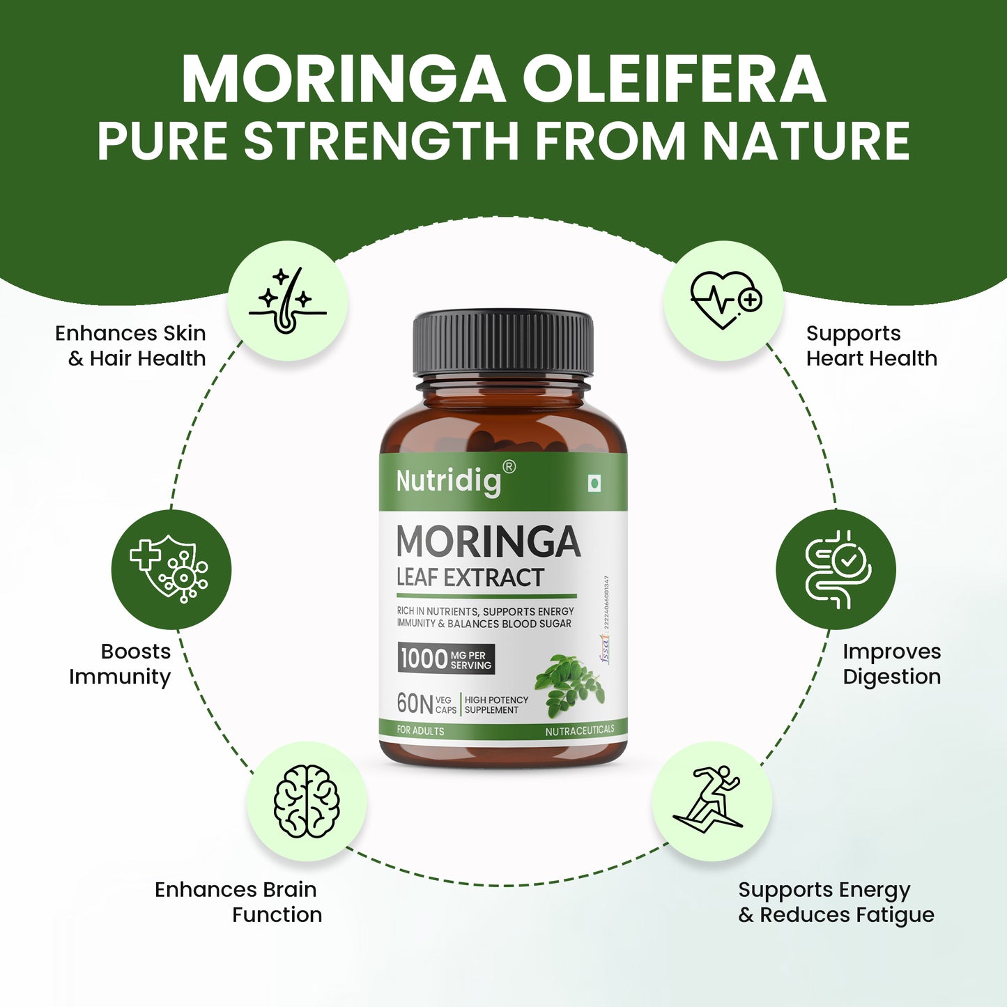 Moringa Leaf Extract - 1000mg Daily Serving | High Potency Veg Capsules