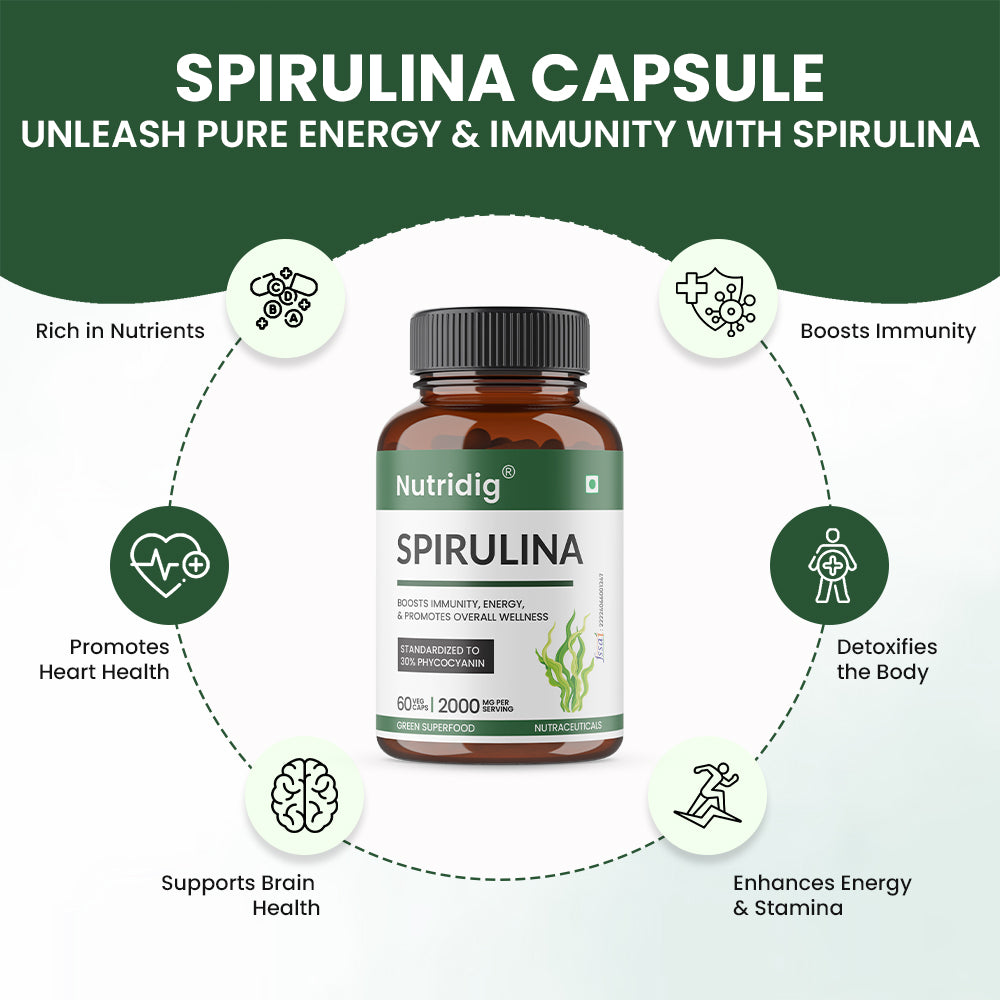 Nutridig Spirulina 2000mg Daily Serving | Heavy Metals Tested | High Potency