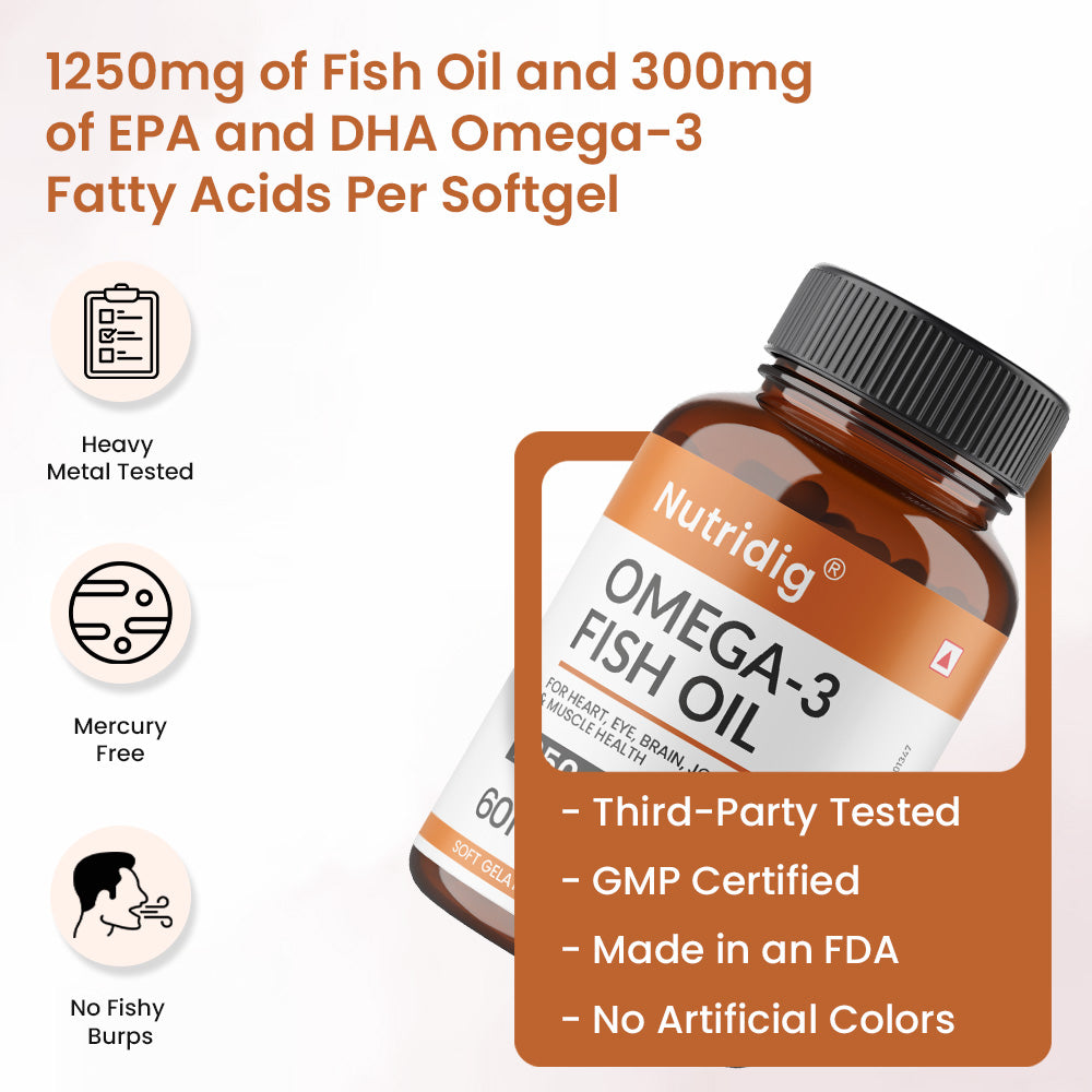 Fish Oil Omega-3 Softgel Capsules 1250mg - High Strength Supplement | 60 Softgels