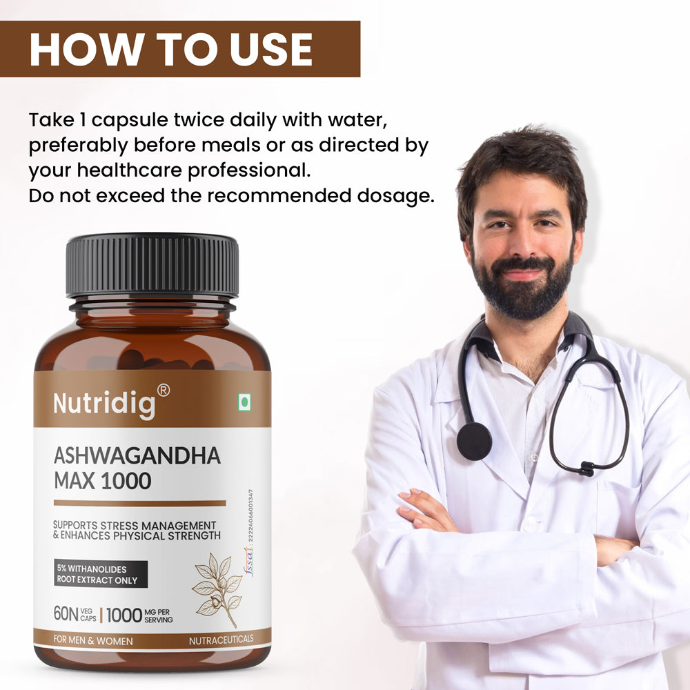 Nutridig® Ashwagandha Max 1000 mg – High Potency 60 Capsules | Stress Relief, Vigor & Immunity Supplement
