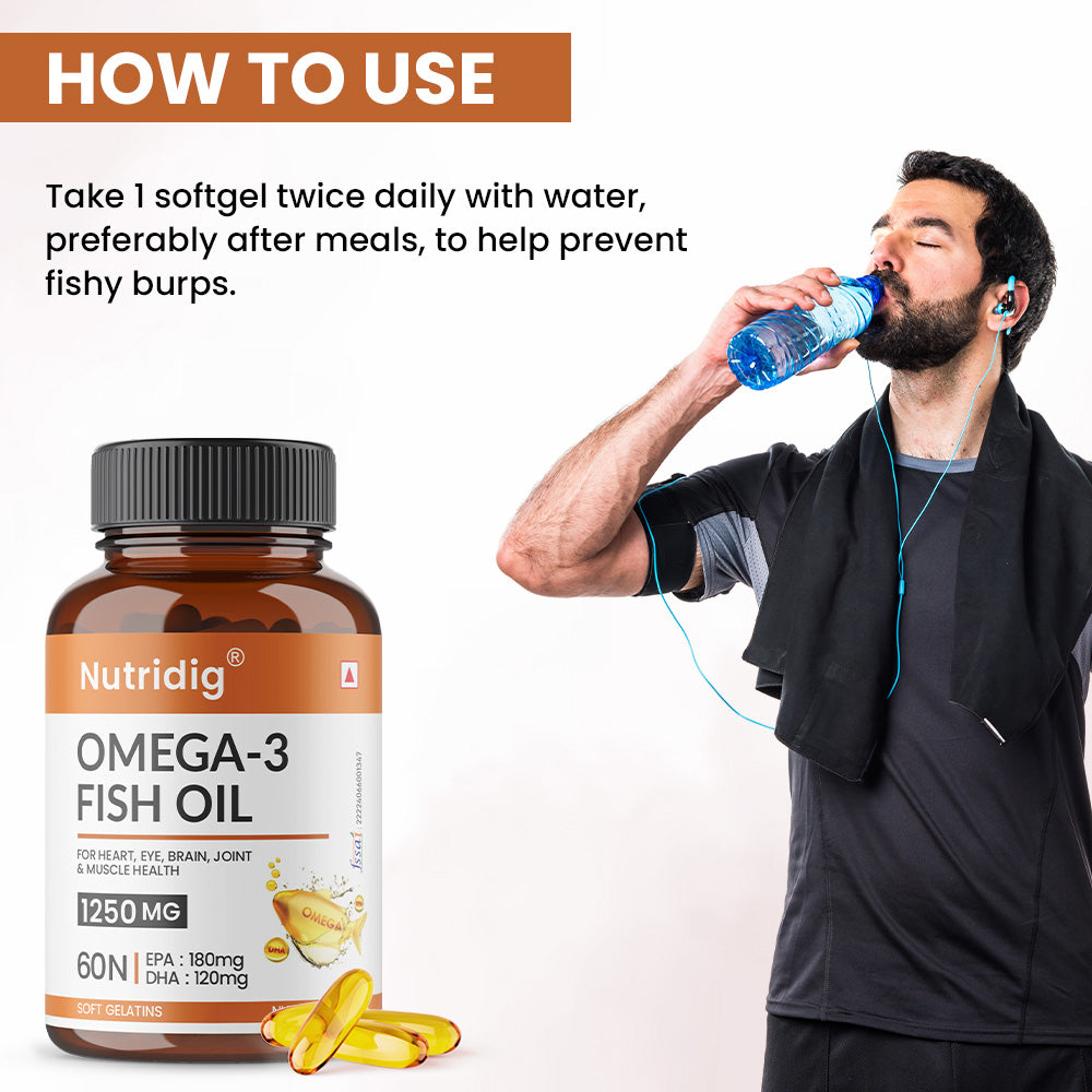 Fish Oil Omega-3 Softgel Capsules 1250mg - High Strength Supplement | 60 Softgels
