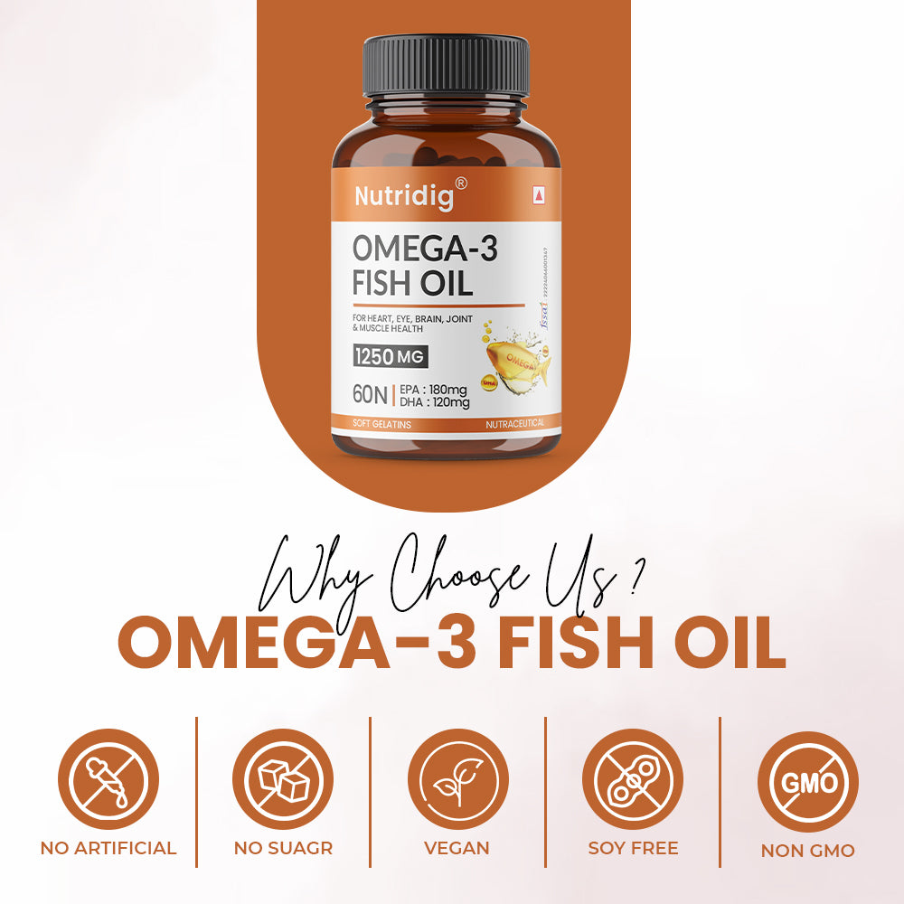 Fish Oil Omega-3 Softgel Capsules 1250mg - High Strength Supplement | 60 Softgels