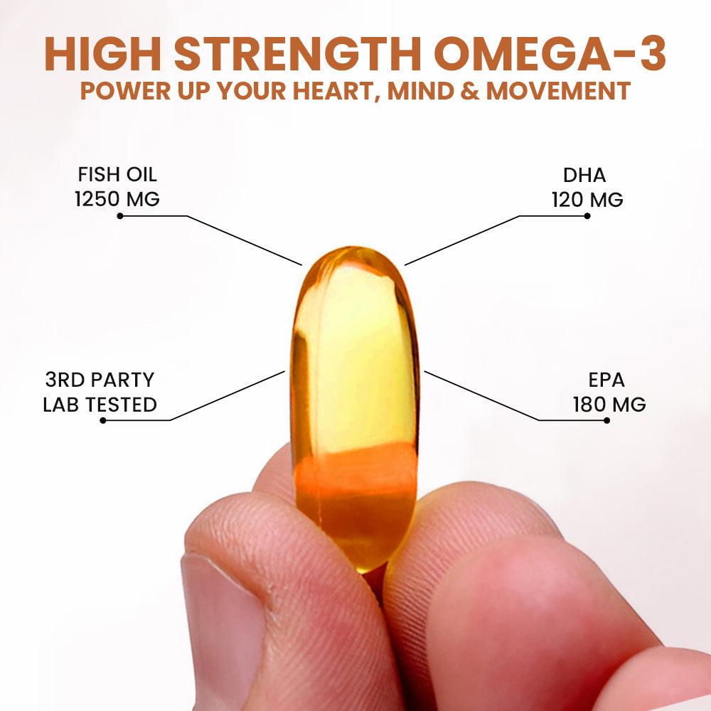 Fish Oil Omega-3 Softgel Capsules 1250mg - High Strength Supplement | 60 Softgels