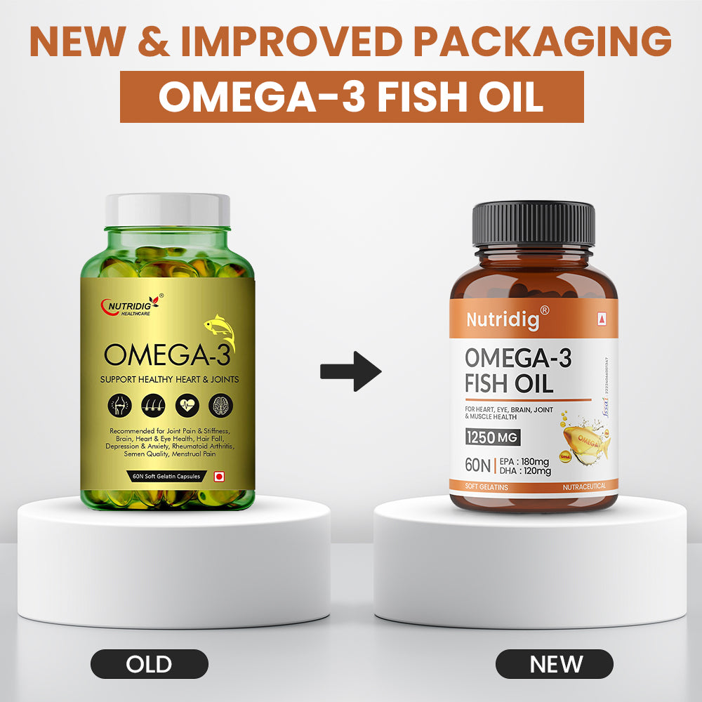 Fish Oil Omega-3 Softgel Capsules 1250mg - High Strength Supplement | 60 Softgels