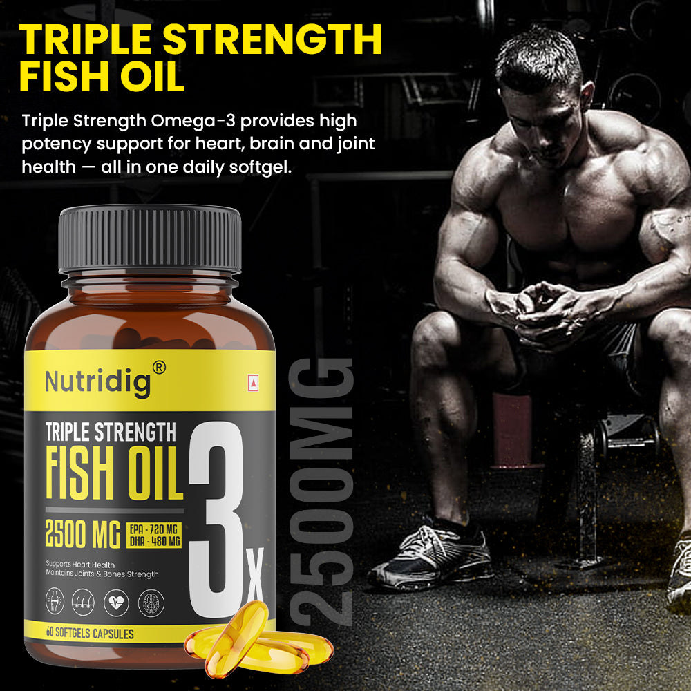 Triple Strength Omega-3 Fish Oil Softgels – 2500mg Serving | High Potency - 60 Softgels