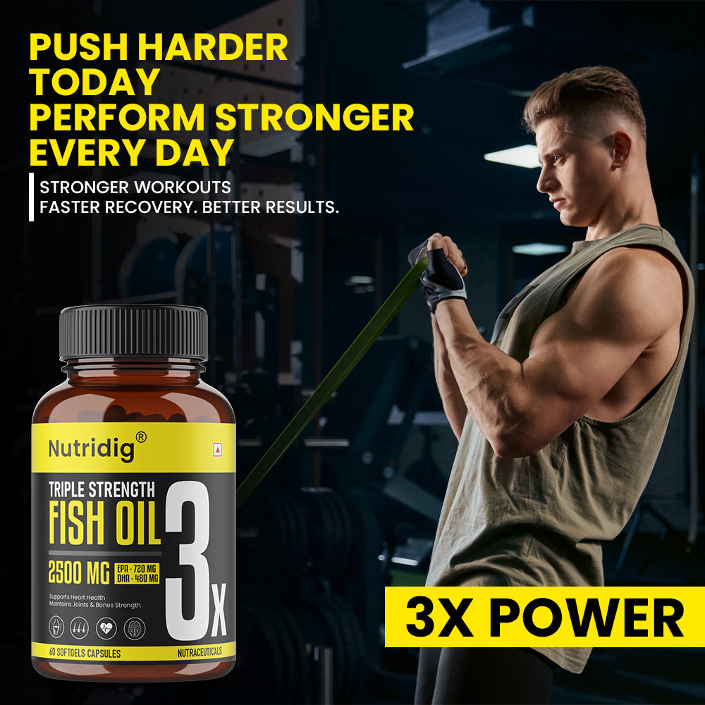 Triple Strength Omega-3 Fish Oil Softgels – 2500mg Serving | High Potency - 60 Softgels