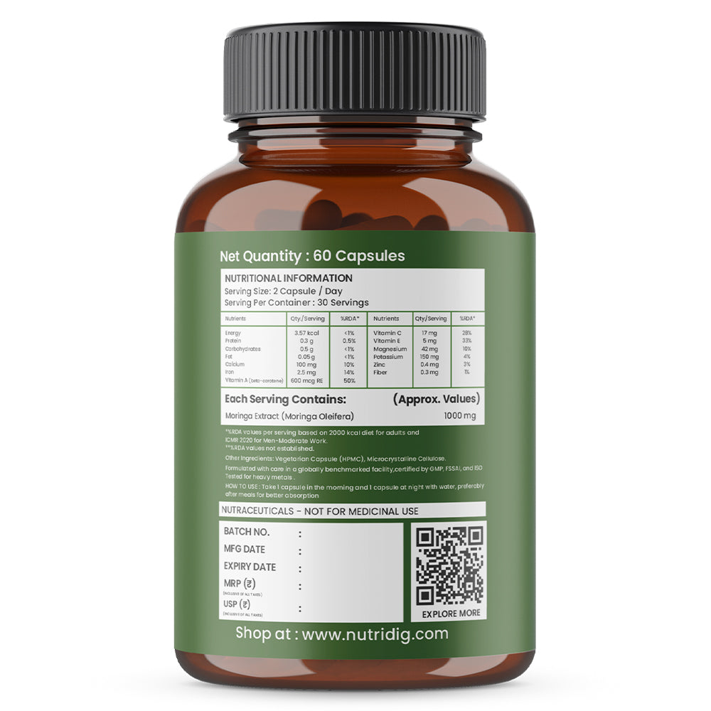 Moringa Leaf Extract - 1000mg Daily Serving | High Potency Veg Capsules