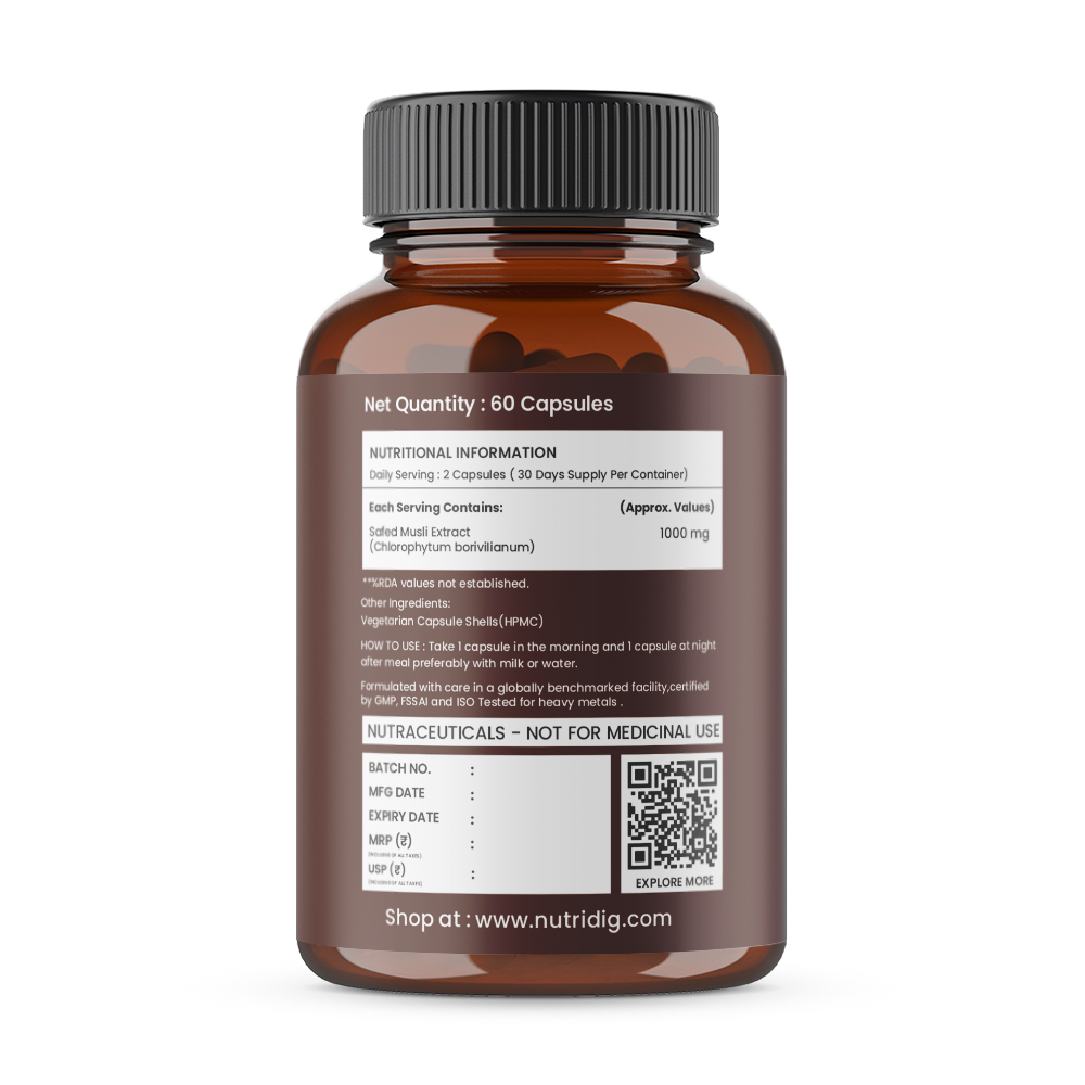 Nutridig® Safed Musli Extract- Gold Standard | High Potency 60 Capsules