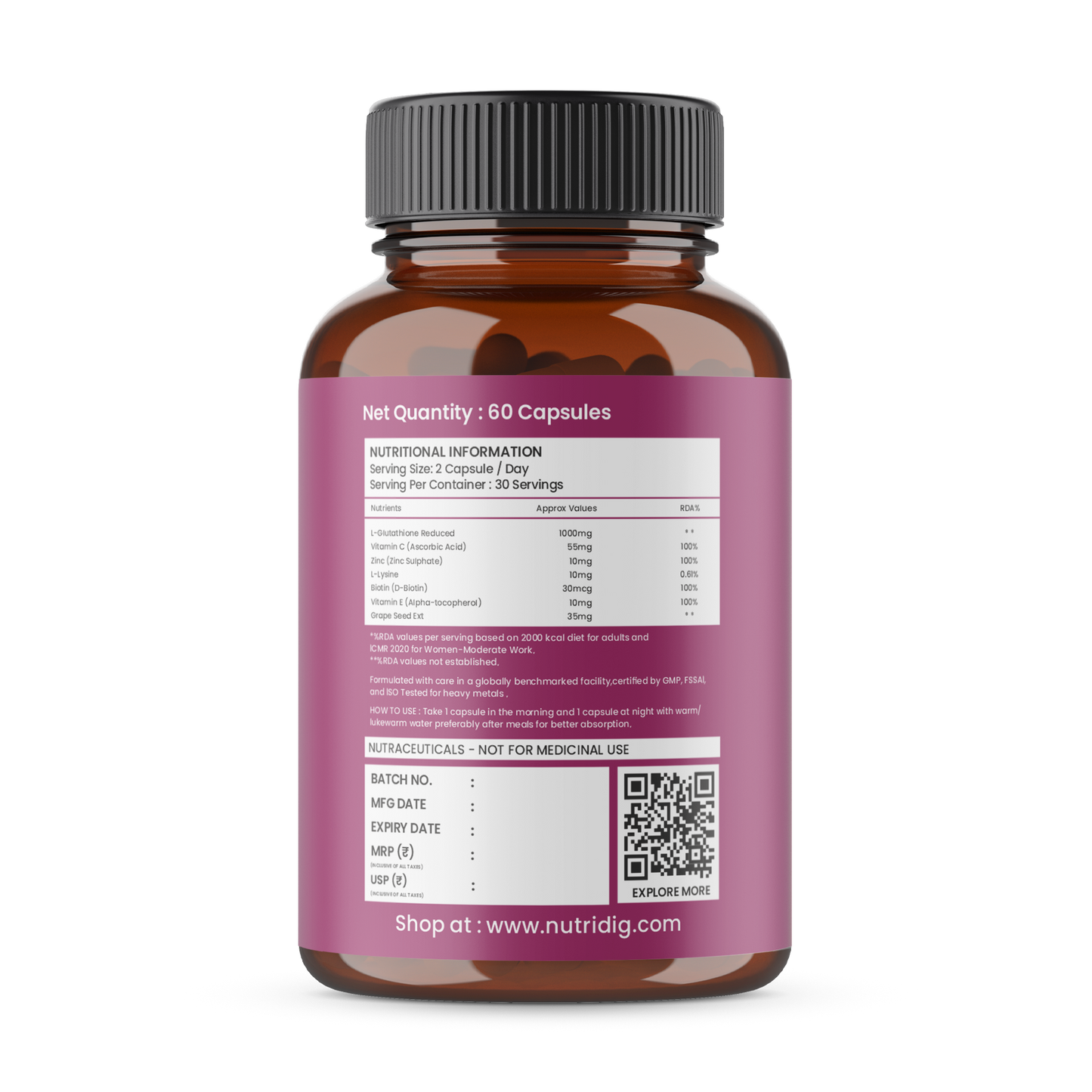 Nutridig® L-Glutathione Skin Brightening Capsules with Vitamin C, Zinc, Biotin | 60 Capsules