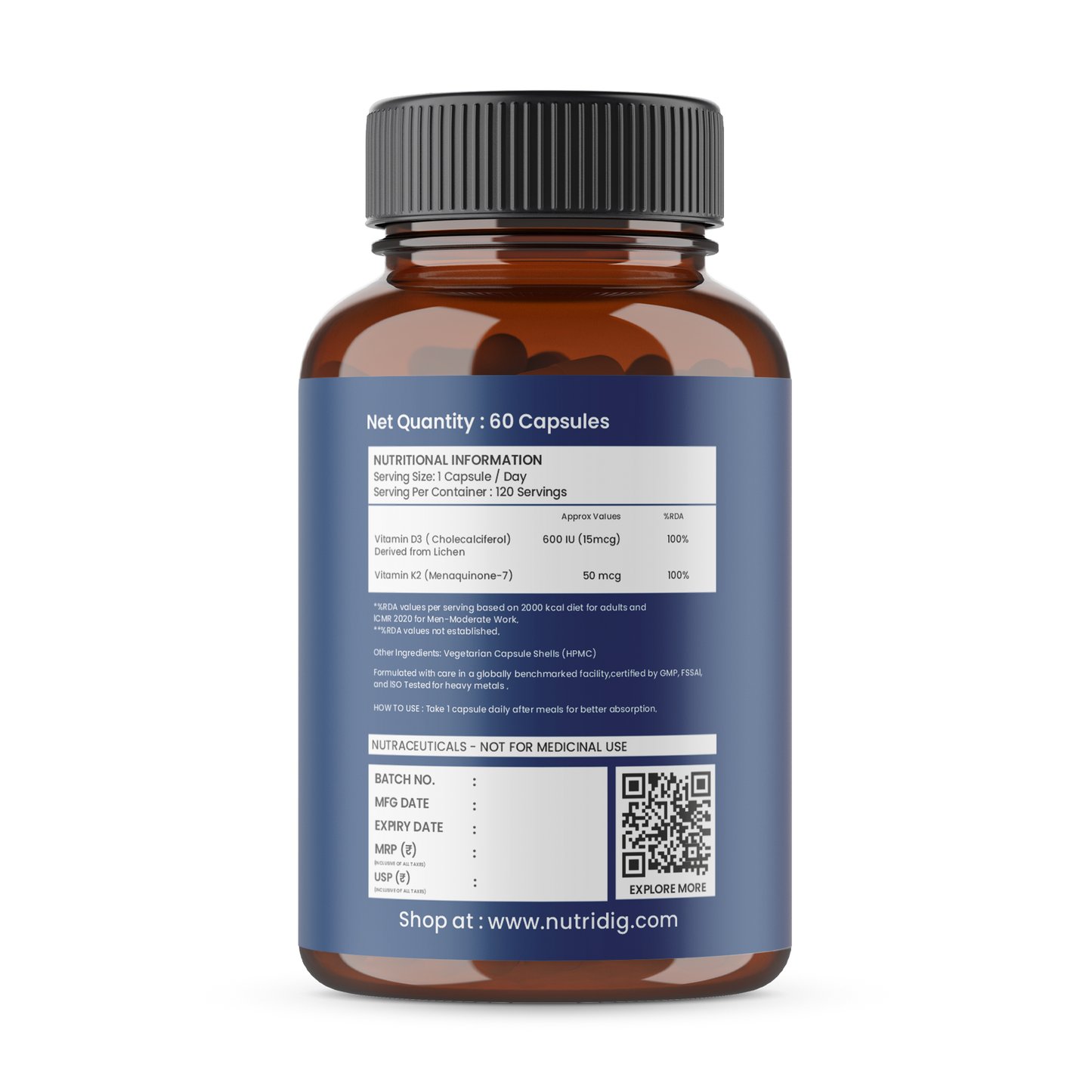 Vitamin D3 + K2 Capsules (Vegan Source) | High Absorption - 120 Capsules