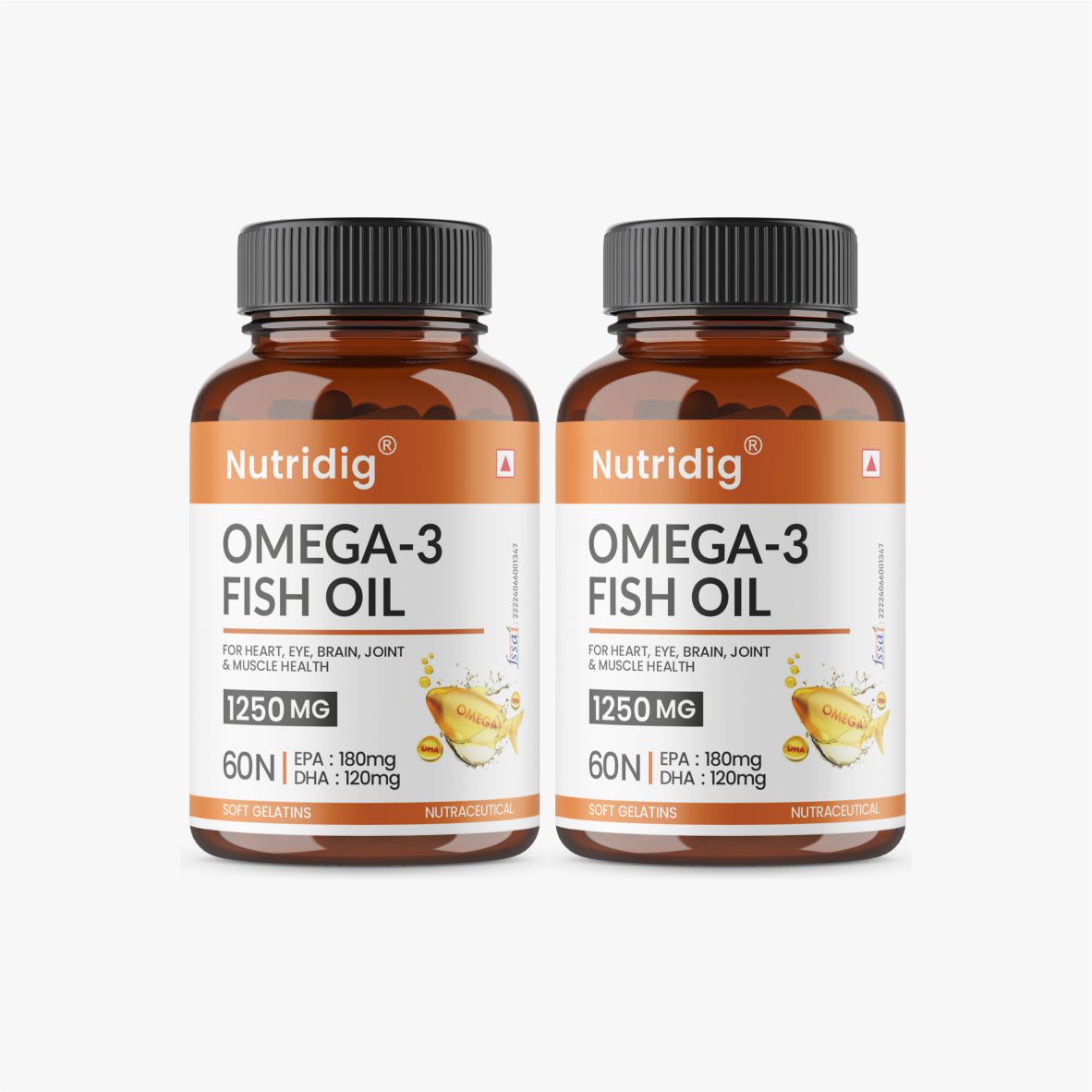Fish Oil Omega-3 Softgel Capsules 1250mg - High Strength Supplement | 60 Softgels