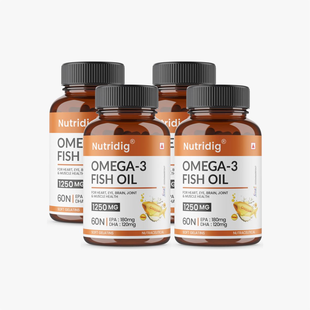 Fish Oil Omega-3 Softgel Capsules 1250mg - High Strength Supplement | 60 Softgels