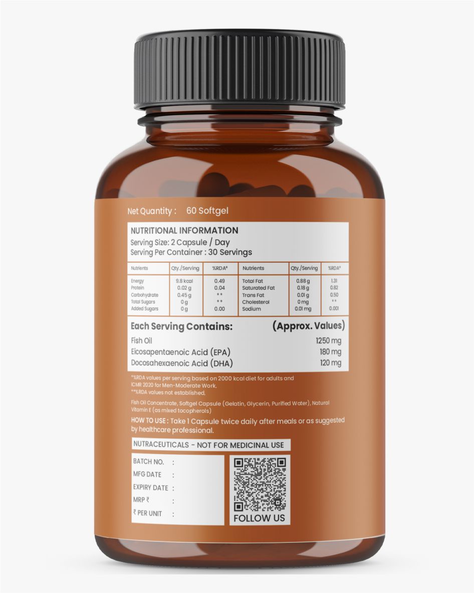Fish Oil Omega-3 Softgel Capsules 1250mg - High Strength Supplement | 60 Softgels