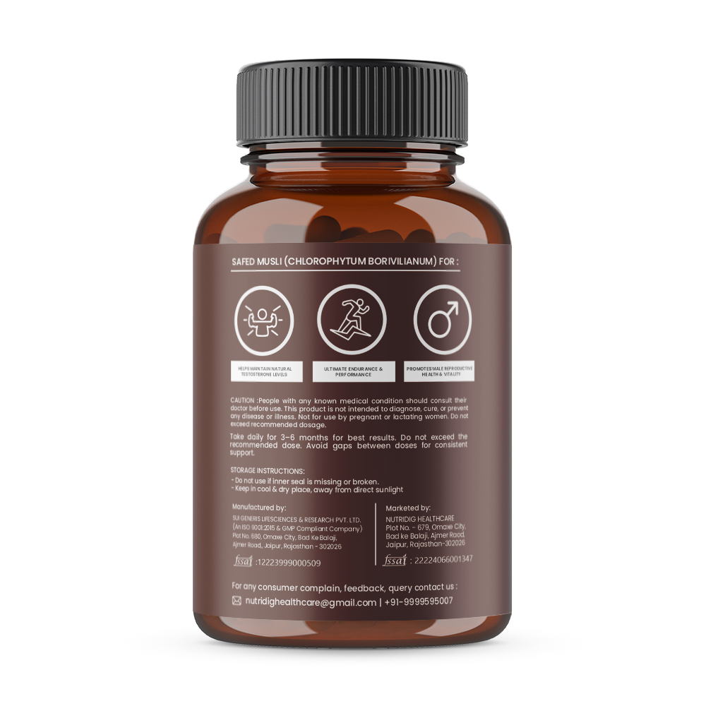 Nutridig® Safed Musli Extract- Gold Standard | High Potency 60 Capsules