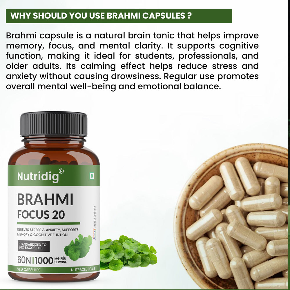 Brahmi Focus 20 – High Potency Supplement for Focus, Memory & Cognitive Support | 60 Capsules