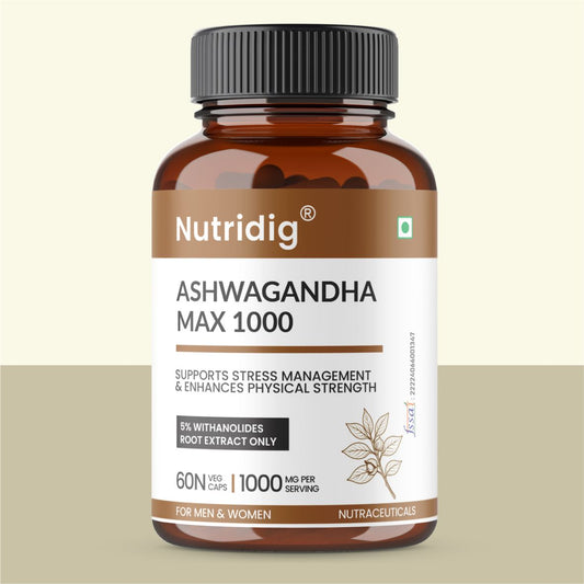Nutridig® Ashwagandha Max 1000 mg – High Potency 60 Capsules | Stress Relief, Vigor & Immunity Supplement