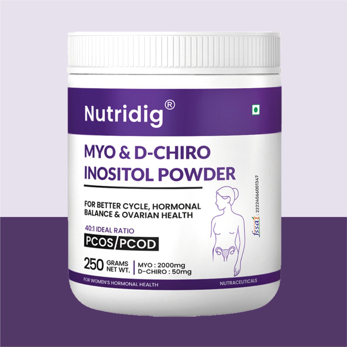 Nutridig® Myo-Inositol & D-Chiro Inositol Powder – 40:1 Ratio | PCOS, Hormonal Balance & Welless - 250gm