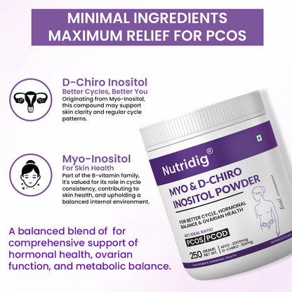 Nutridig® Myo-Inositol & D-Chiro Inositol Powder – 40:1 Ratio | PCOS, Hormonal Balance & Welless - 250gm