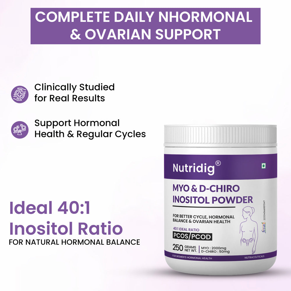 Nutridig® Myo-Inositol & D-Chiro Inositol Powder – 40:1 Ratio | PCOS, Hormonal Balance & Welless - 250gm