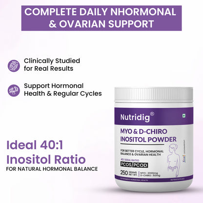 Nutridig® Myo-Inositol & D-Chiro Inositol Powder – 40:1 Ratio | PCOS, Hormonal Balance & Welless - 250gm