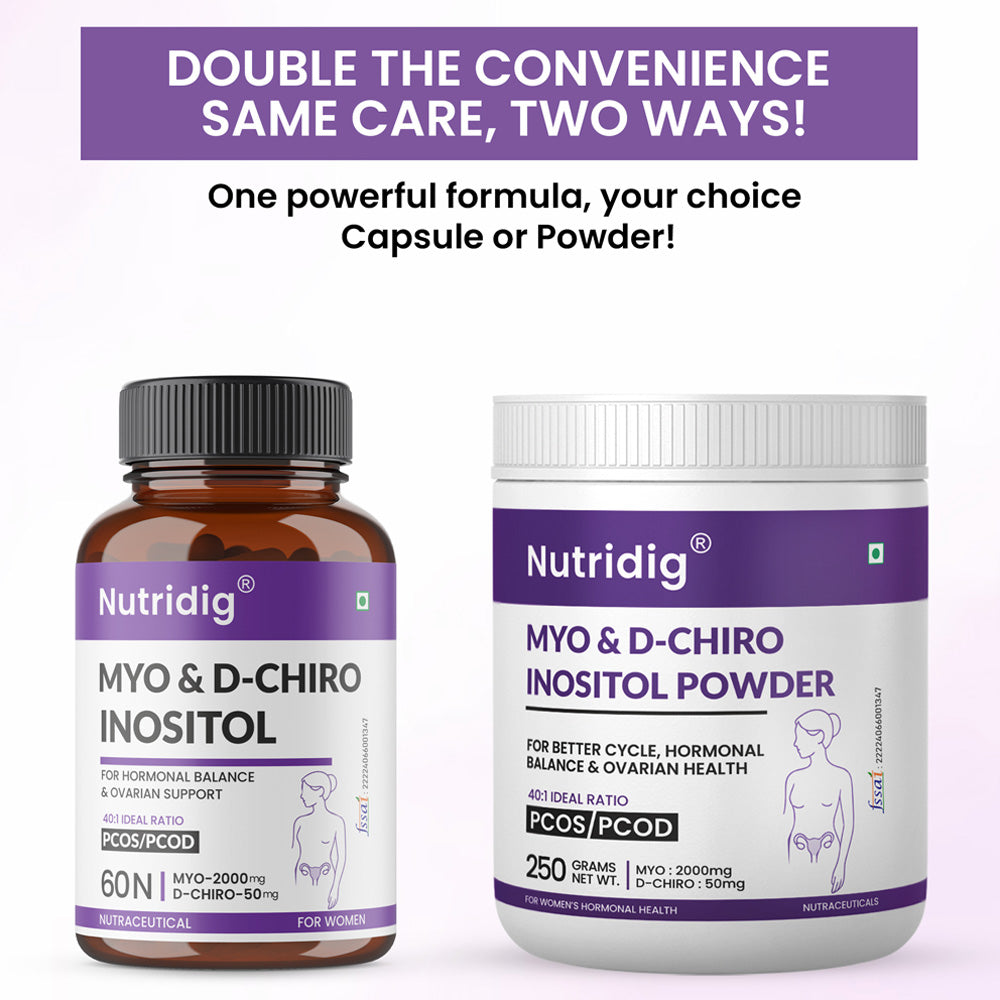 Nutridig® Myo-Inositol & D-Chiro Inositol Powder – 40:1 Ratio | PCOS, Hormonal Balance & Welless - 250gm