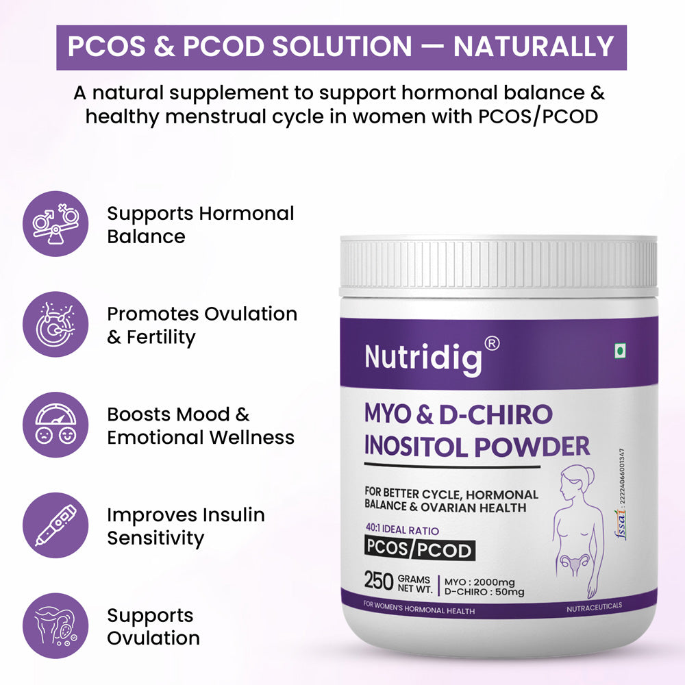 Nutridig® Myo-Inositol & D-Chiro Inositol Powder – 40:1 Ratio | PCOS, Hormonal Balance & Welless - 250gm