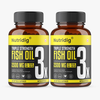 Triple Strength Omega-3 Fish Oil Softgels  – 2500mg Serving | High Potency - 60 Softgels
