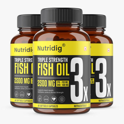 Triple Strength Omega-3 Fish Oil Softgels  – 2500mg Serving | High Potency - 60 Softgels