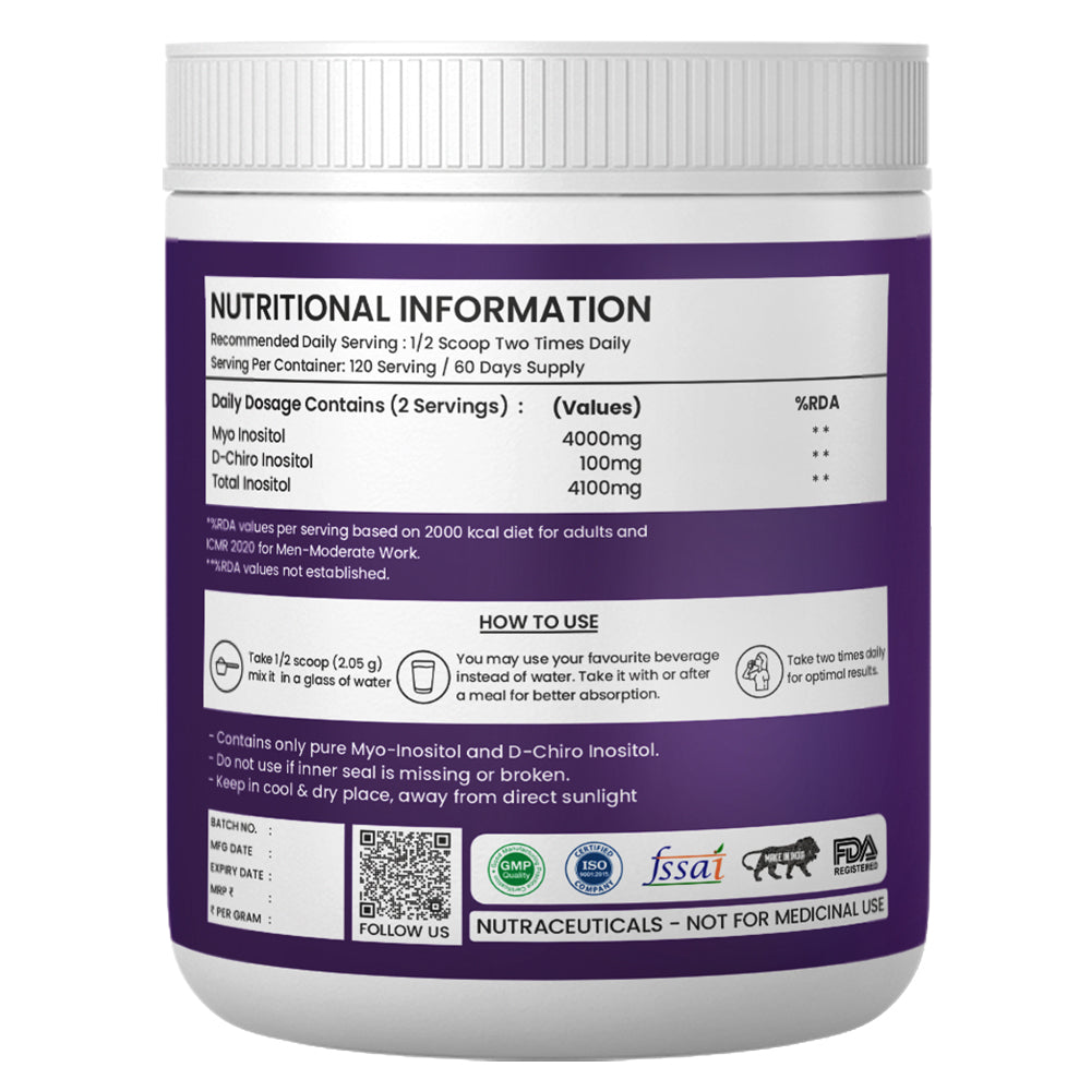 Nutridig® Myo-Inositol & D-Chiro Inositol Powder – 40:1 Ratio | PCOS, Hormonal Balance & Welless - 250gm