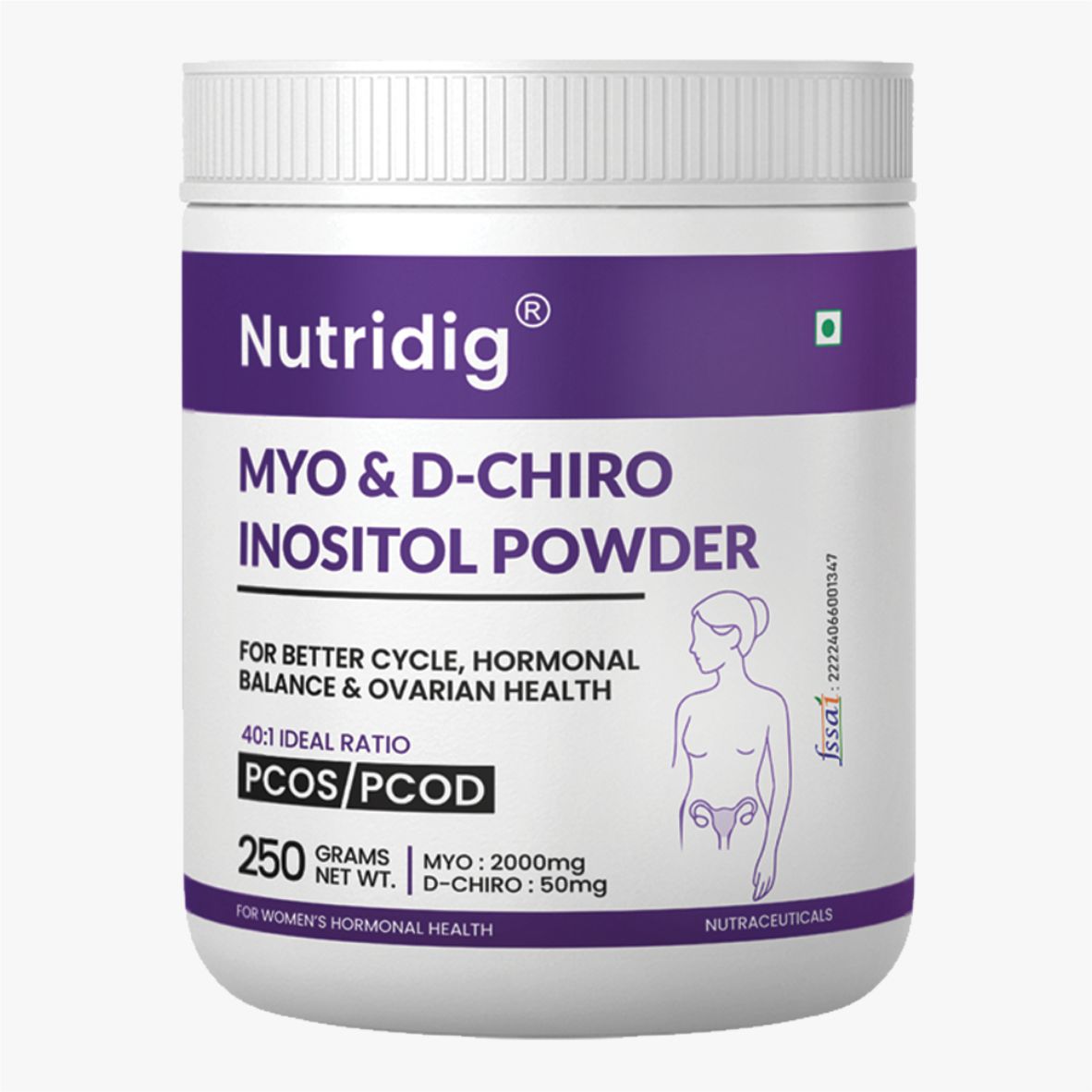 Nutridig® Myo-Inositol & D-Chiro Inositol Powder – 40:1 Ratio | PCOS, Hormonal Balance & Welless - 250gm