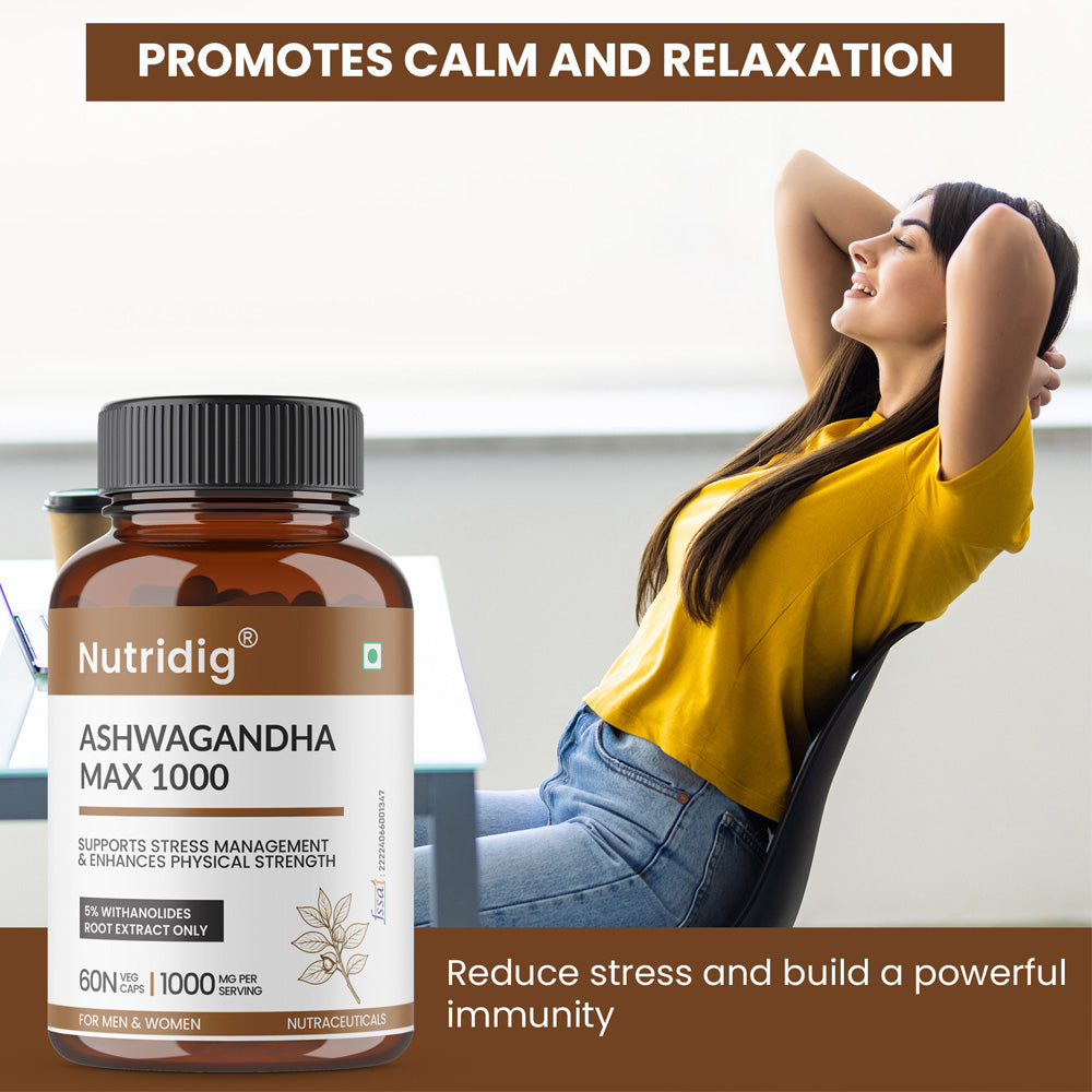 Nutridig® Ashwagandha Max 1000 mg – High Potency 60 Capsules | Stress Relief, Vigor & Immunity Supplement