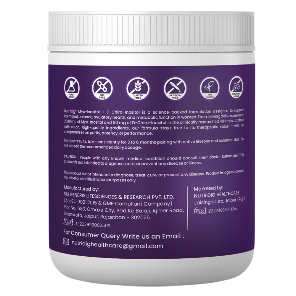 Nutridig® Myo-Inositol & D-Chiro Inositol Powder – 40:1 Ratio | PCOS, Hormonal Balance & Welless - 250gm