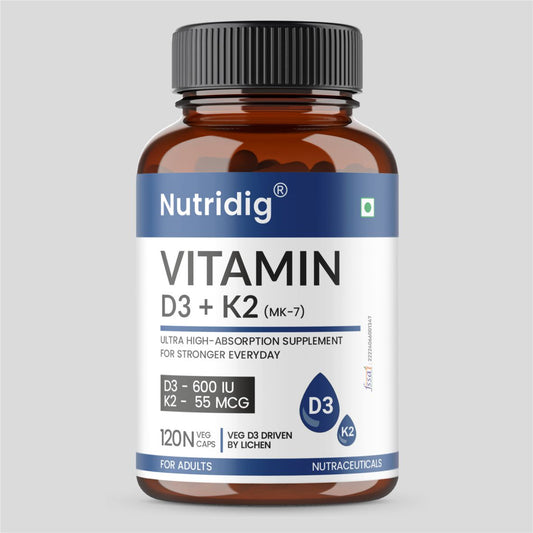 Vitamin D3 + K2 Capsules (Vegan Source) | High Absorption - 120 Capsules