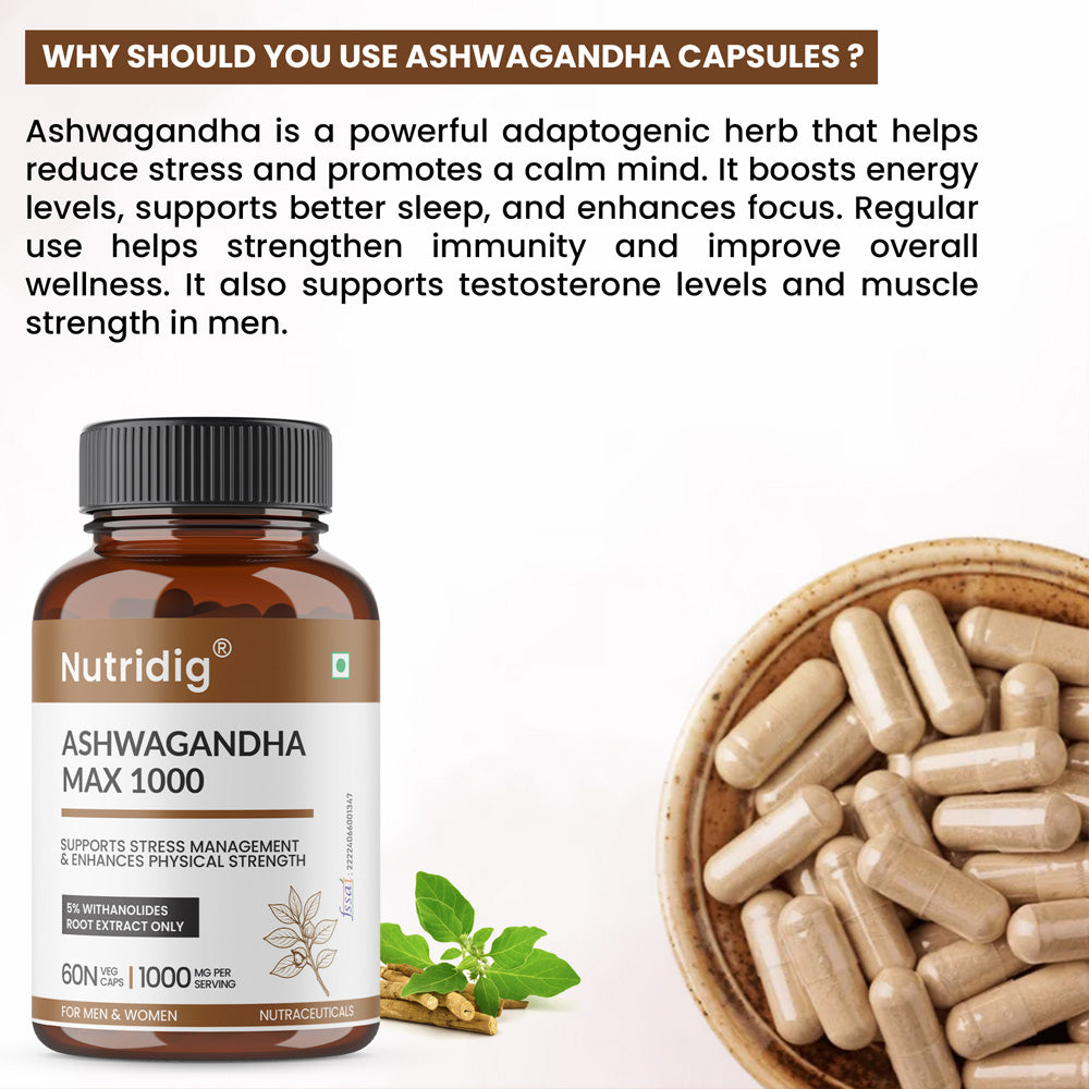 Nutridig® Ashwagandha Max 1000 mg – High Potency 60 Capsules | Stress Relief, Vigor & Immunity Supplement